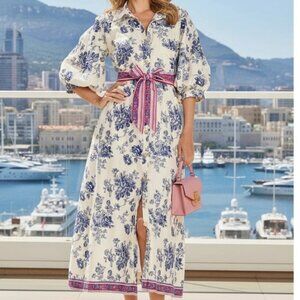 Trish Scully Floral Shirt Dress Midi Blue White Pink Belted Cotton XS x1